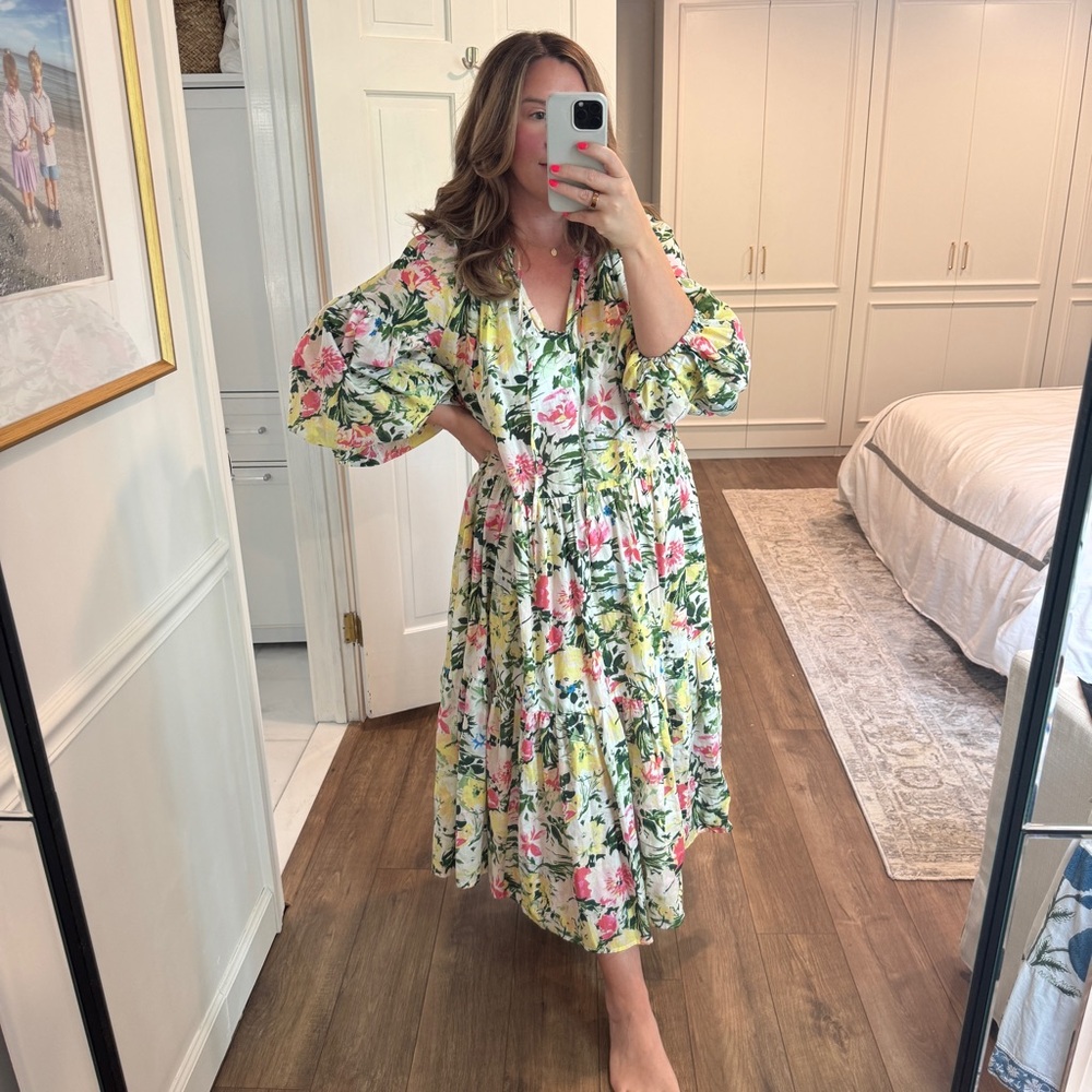 Floral V-Neck Midi Dress in Yellow and Pink
